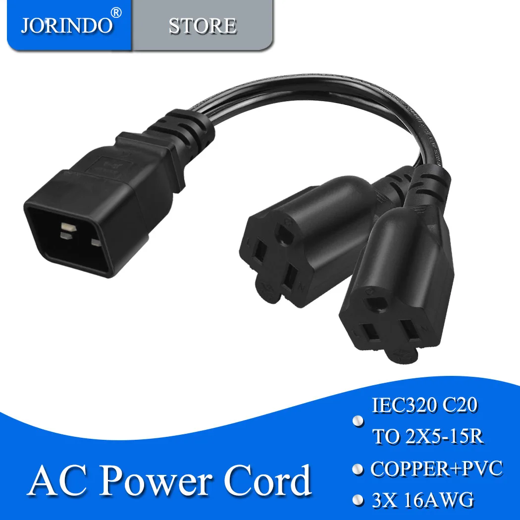 

JORINDO IEC320 C20 to 2×5-15R AC power cable,C20 male plug to dual American standard three-holes female socket power cord
