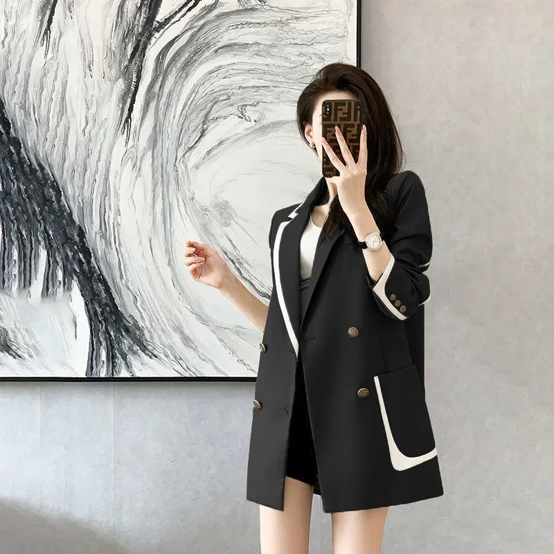 Women Korean Fashion Notched Contrast Color Street Chic Oversized Blazers Jacket Spring Autumn Casual Long Sleeve Outerwear Tops