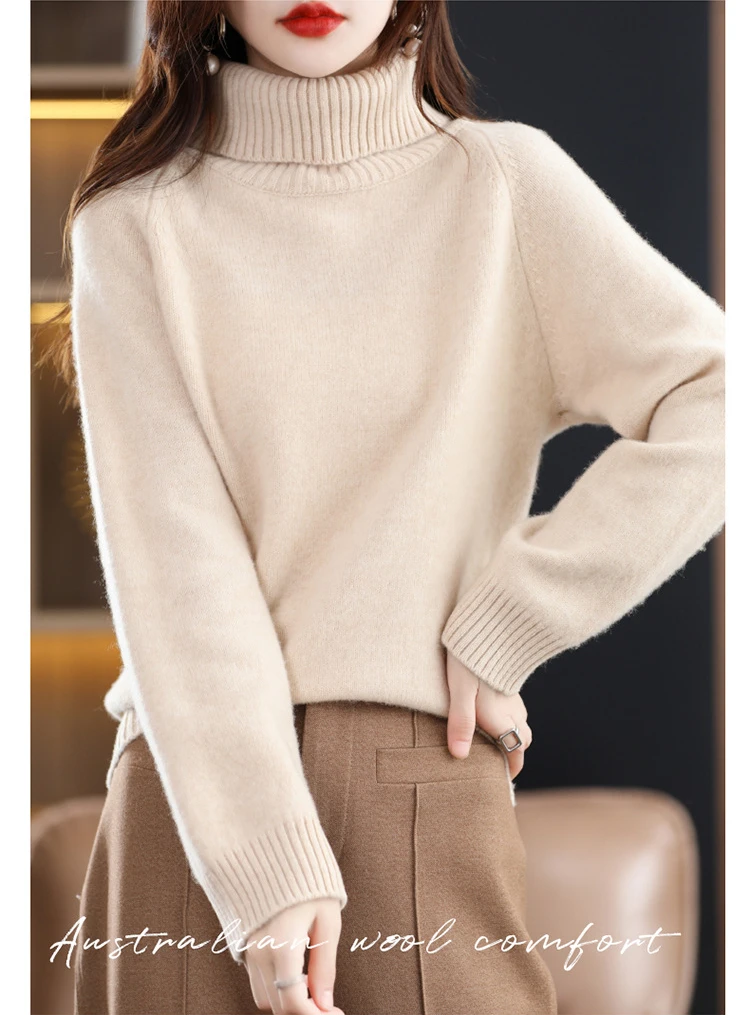 Women's 100% Merino Wool High Neck Sweater - Apricot Color Variant HS:6110301500 Age:Adult Gender:Female Origin:CN