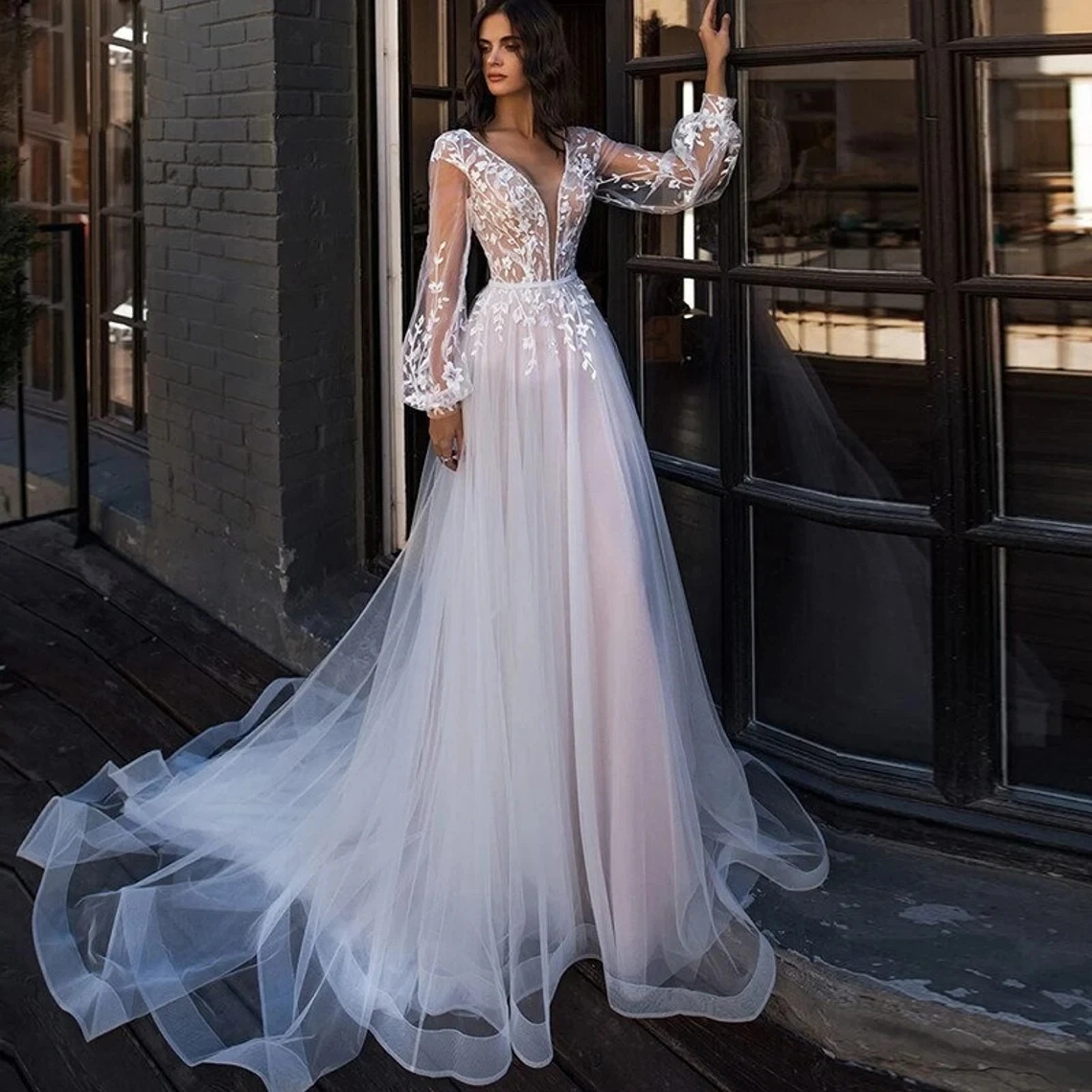 

Свадебные платья с длинным рукавом Robe de Mariage, Свадебные Платья с цветочным кружевом, винтажное платье принцессы для невесты, Robe De Mariee