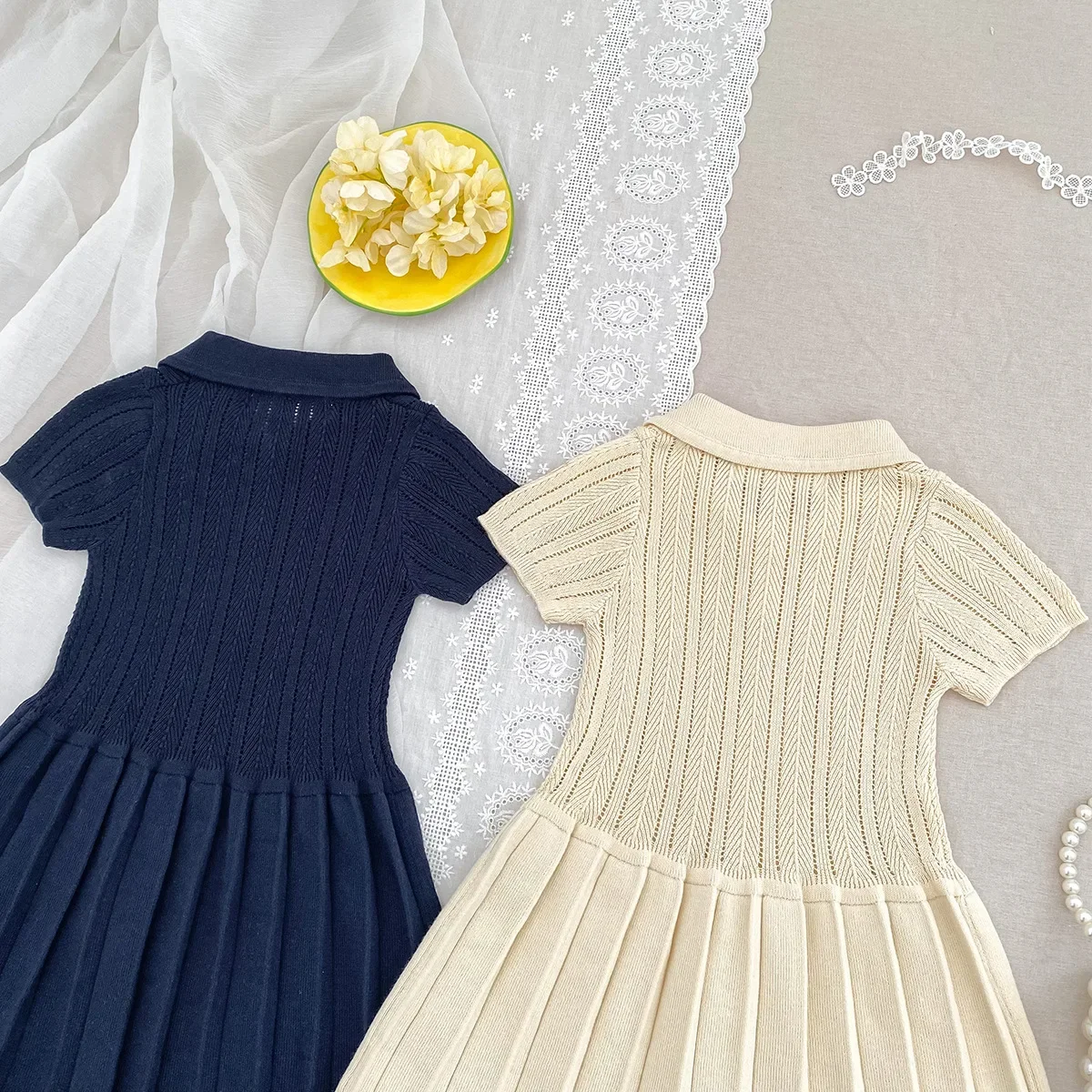 Kids Girls Knit Hollow Out Pleated Dress