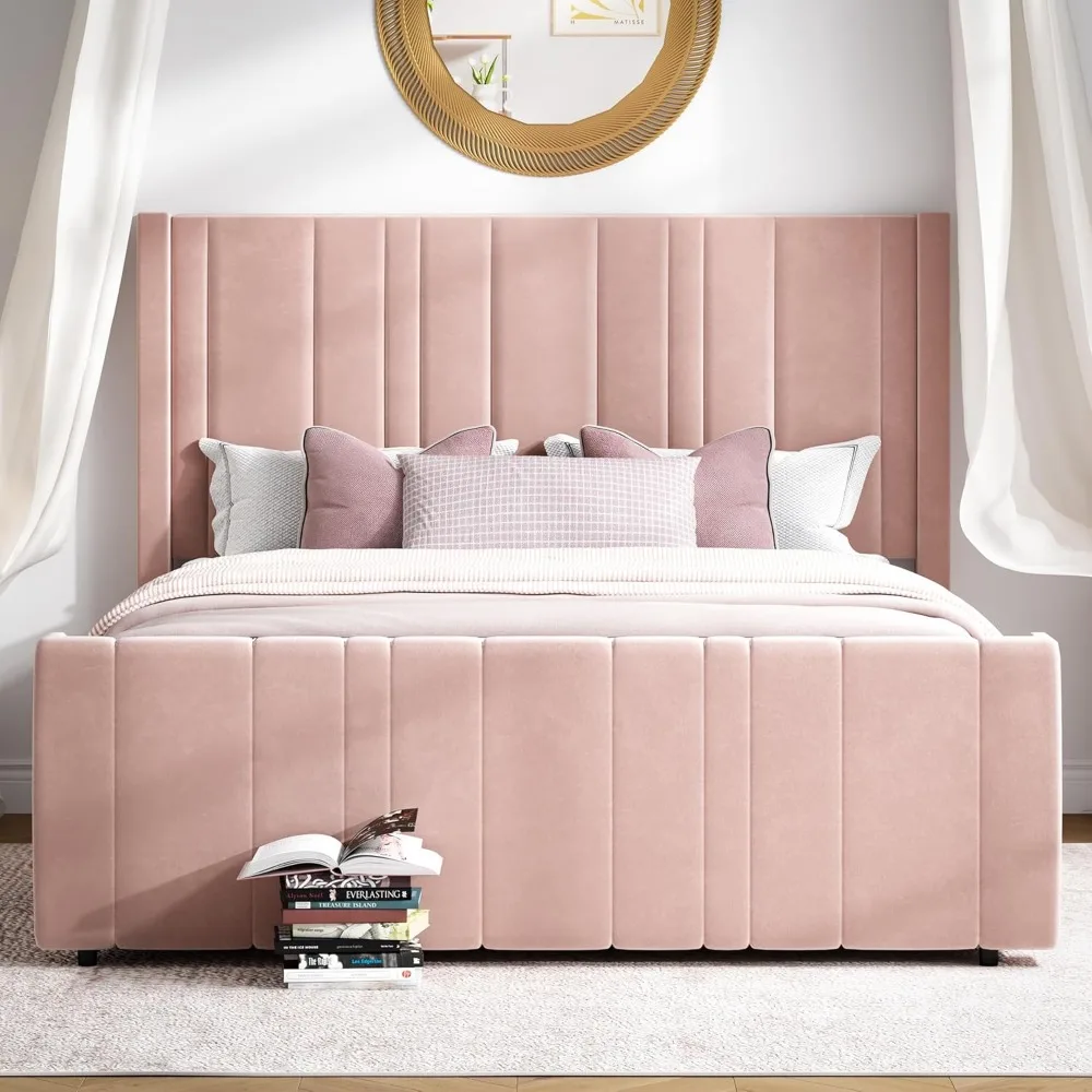 Queen Size Bed Frame, Pink Queen Beds Frames with Vertical Channel Tufted Headboard, Soft Velvet Upholstered Bed Frame 3