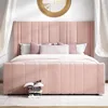 Queen Size Bed Frame, Pink Queen Beds Frames with Vertical Channel Tufted Headboard, Soft Velvet Upholstered Bed Frame 3