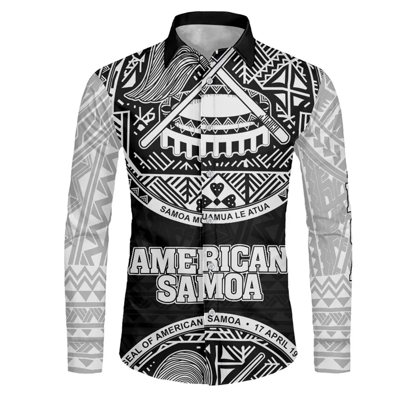 thumbnail image 1 of Camisas hawaianas con estampado 3D de tribu polinesia, camisas casuales de manga larga con cuello alto, blusa con botones para hombre, ropa de otoño, 1 of 5