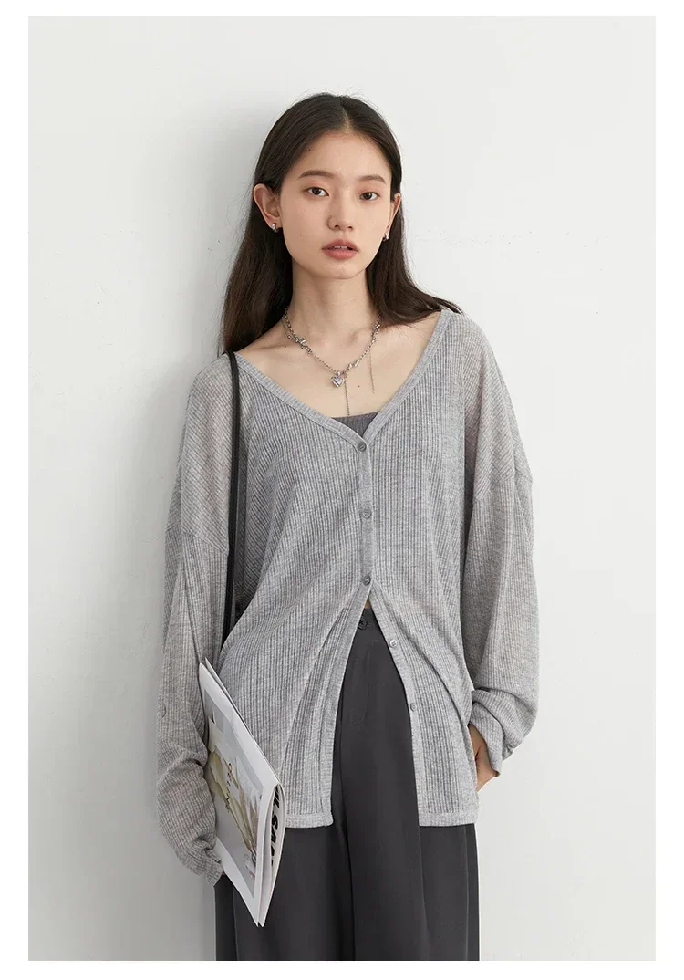 Solid V-neck Shirt Women Spring Single Breasted Chiffon Loose Slim All-match Sun Protection Thin Breathable Fashion Slim Cozy