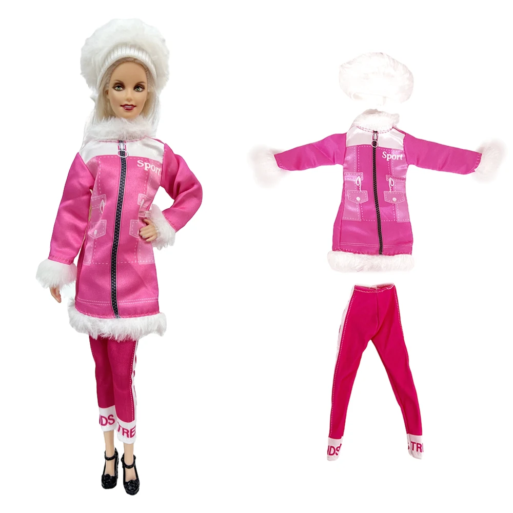 

NK Official 3 Pcs Pink winter attire for noble winter doll: white hat+long clothes+pink pants For Barbie Doll 1/6 Toy house