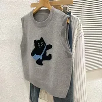 Sweater Vest Women Casual Embroidered Cartoon O-neck Sleeveless Pullover Autumn Winter Knitted Sweater Short Outerwear Tank Top - Image 4