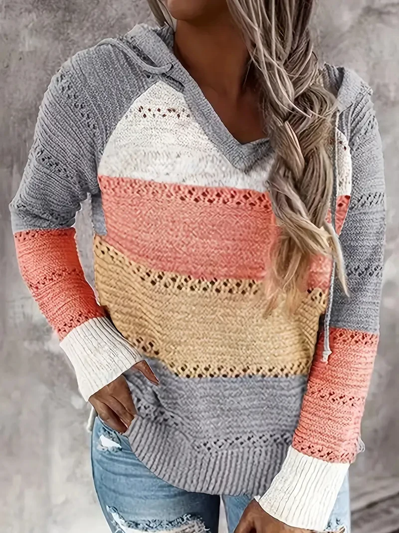 

2023 New Autumn Fashion Hoodies Women's Vacation Color Block Casual Printing Hooded Knit Sweater Long Sleeve Sweatshirts