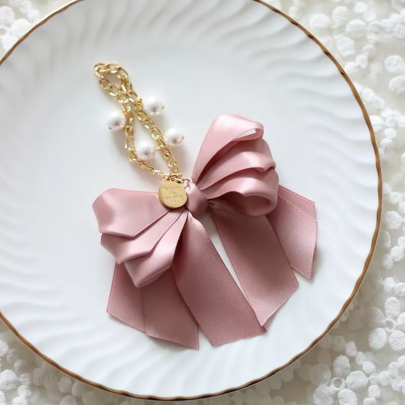 Handmade Rhinestone Pearl Bowknot Keychain Keyring Lolita Japanese Style Women Bag Pendant Car Key Ring Handbag Charms Gifts