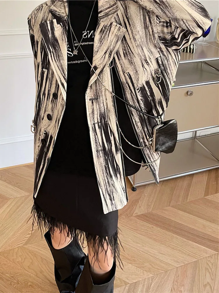 BZVW Grey White Graffiti Suit Jacket Women's 2023 Spring Autumn Versatile Zipper Spliced Designer Fashion Blazers Coat 25X3496