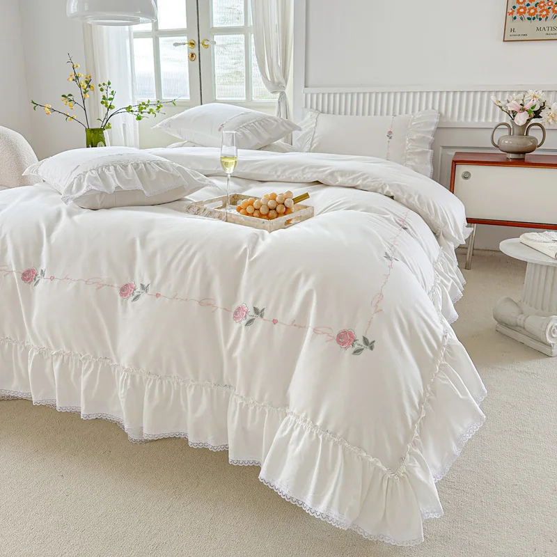 

White Princess Lace Bedding Sets Korean Style 100% Cotton Rose Flowers Embroidery Duvet Cover Bedspread Sheet Pillowcases