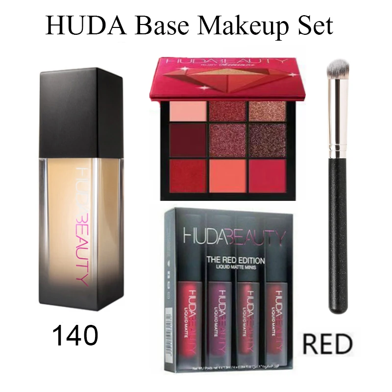 4PCSHUDABaseMakeupSetFoundationLipsticksEyeShadowMascaraEye