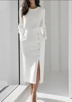 Women's  Solid Color Long Sleeves Elegant Midi Dress with Button Details and Side Slit - Crew Neck - Image 4