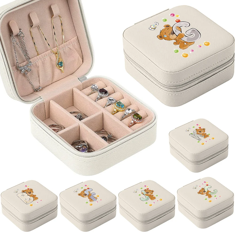 

Mini Jewelry Box Organizer Display Travel Jewelry Case Boxes PU Leather Bear Letter Portable Earrings Necklace Ring Jewelry Box