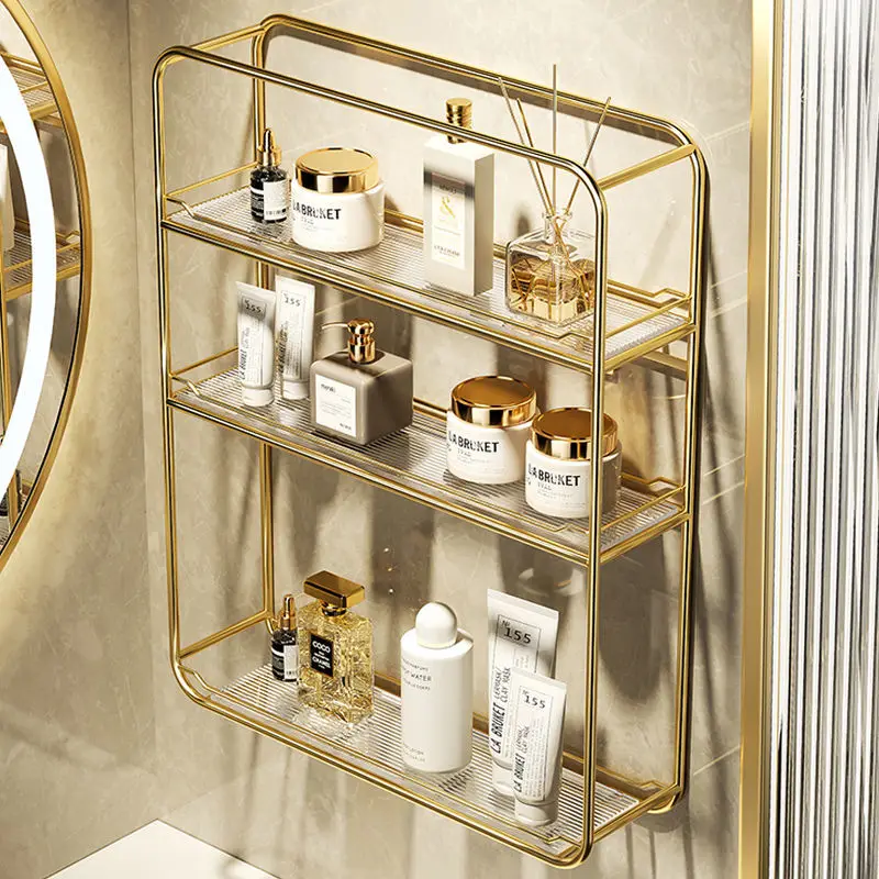 Acrylic Bathroom Shelf Free Punch Washstand Wall Cosmetic Light Luxury Bathroom Multi-layer Gold Storage Shelf Accessories 6