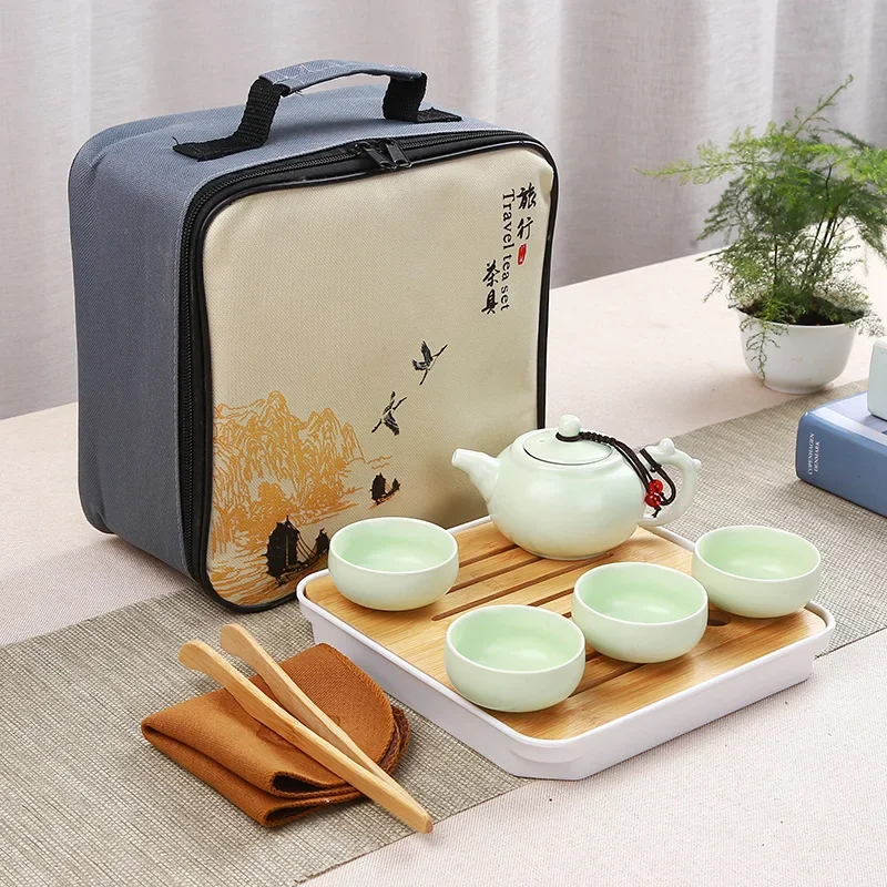 

Travel Kung Fu Tea Set Ceramic Teapot Teacup and Tray Carrying Bag