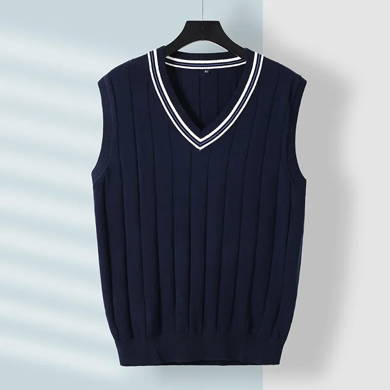 Men Sweater Vest Sleeveless V Neck Spliced Knitted High Street Loose Fit Strech Winter Striped