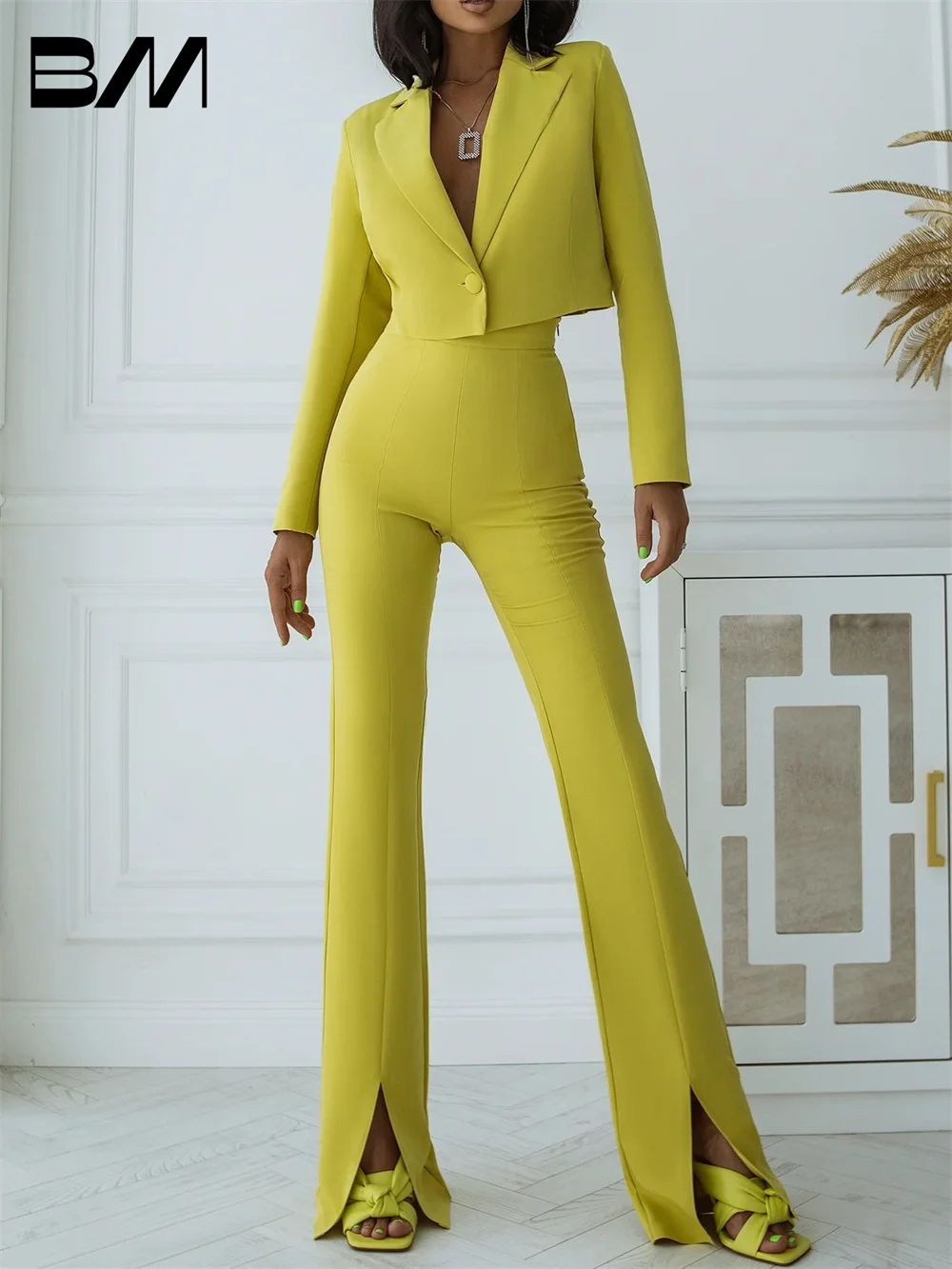 Fashion Solid Women Suit 2 Piece Short Blazer High Waist Wide Leg Long Pants Single Buttons Jacket Vibrant Suit conjunto feminin