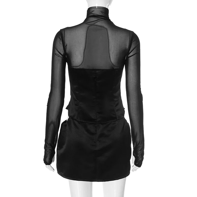 Sexy Mesh Hollow Out Turtleneck Corset Stain Black Short Dress for Women Long Sleeve Party Evening Mini Curvy Pink White Dresses 6