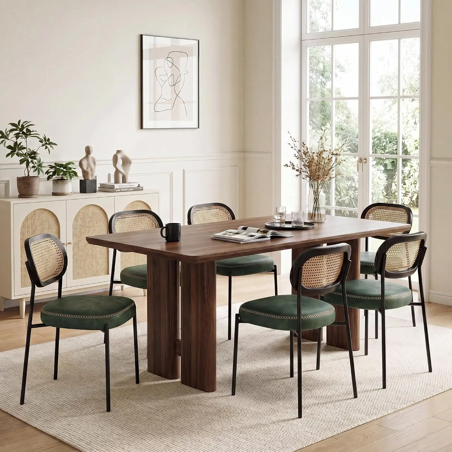 Rattan Dining Chairs Set of 6, Green Leather Upholstered Dining Chairs with Rattan Cane Back, Mid Century Modern Dining, Custom