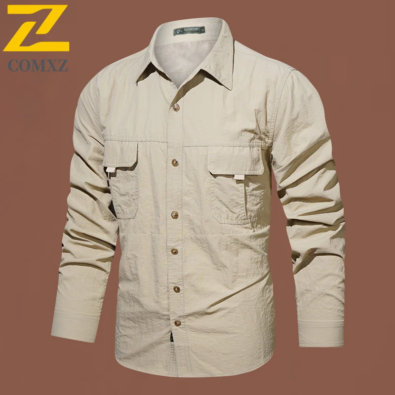 2025 New Men Tactical Shirt Long Sleeve Quick Dry Breathable Multi Pocket Outdoor Hiking Coat Thin Lightweight Camping Clothing