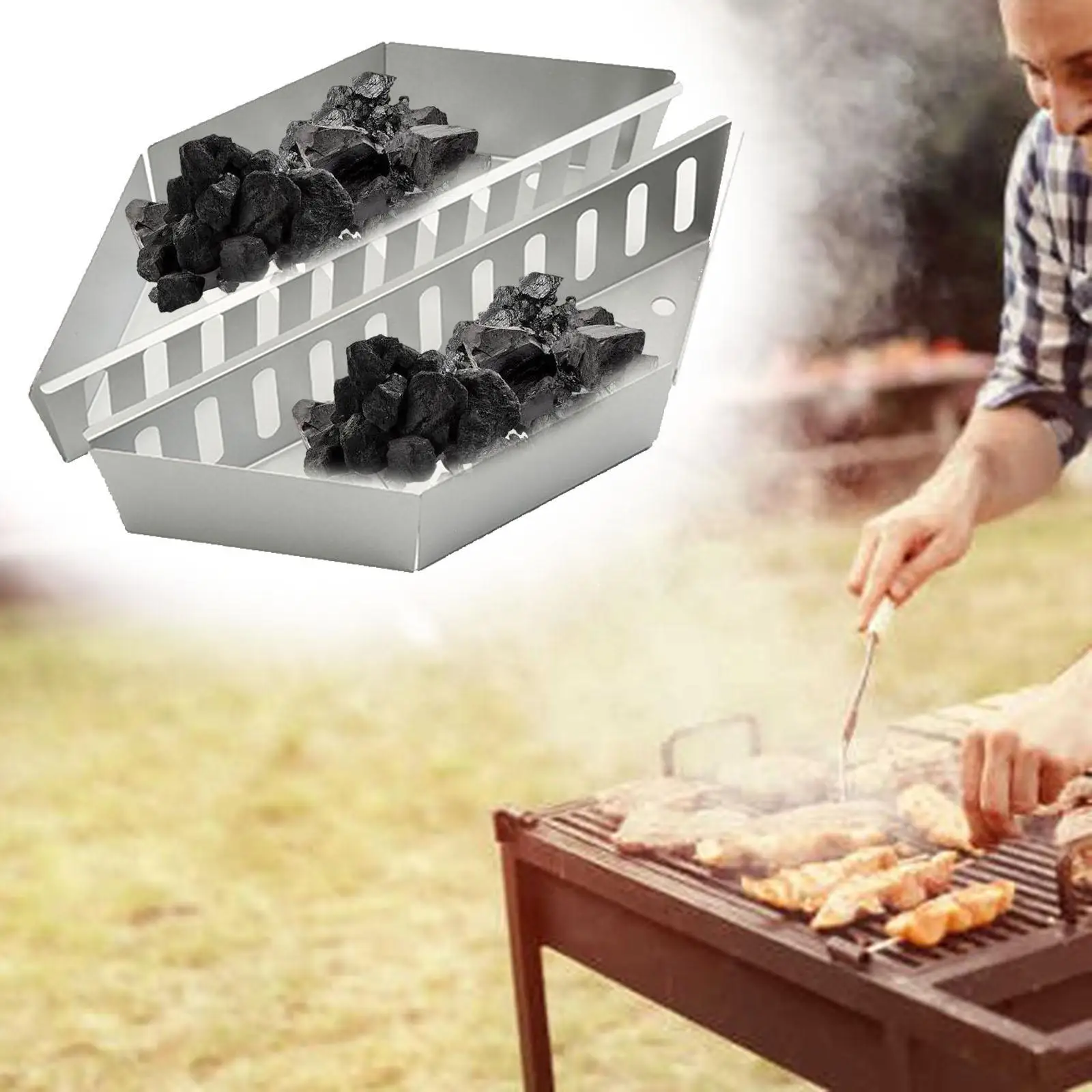 2Pcs Silver BBQ Charcoal Baskets Tools Briquette Holders Heavy Duty Container Supply for Smoke