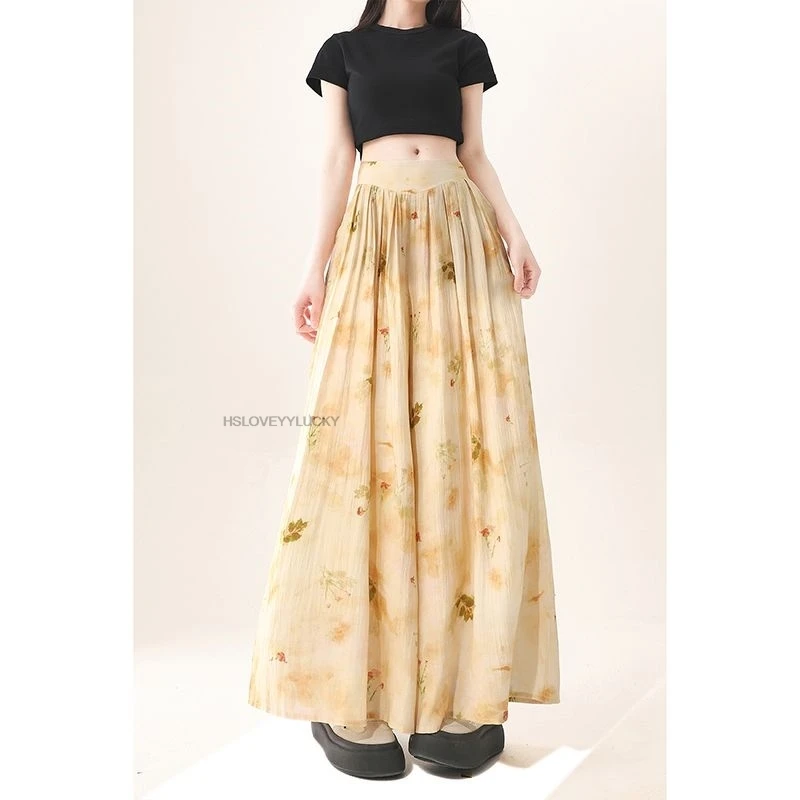women's New Chinese Style Flower Print Wide Leg Casual Pants New Ice Silk Thin Straight Loose Pant Chiffon Oriental Pants