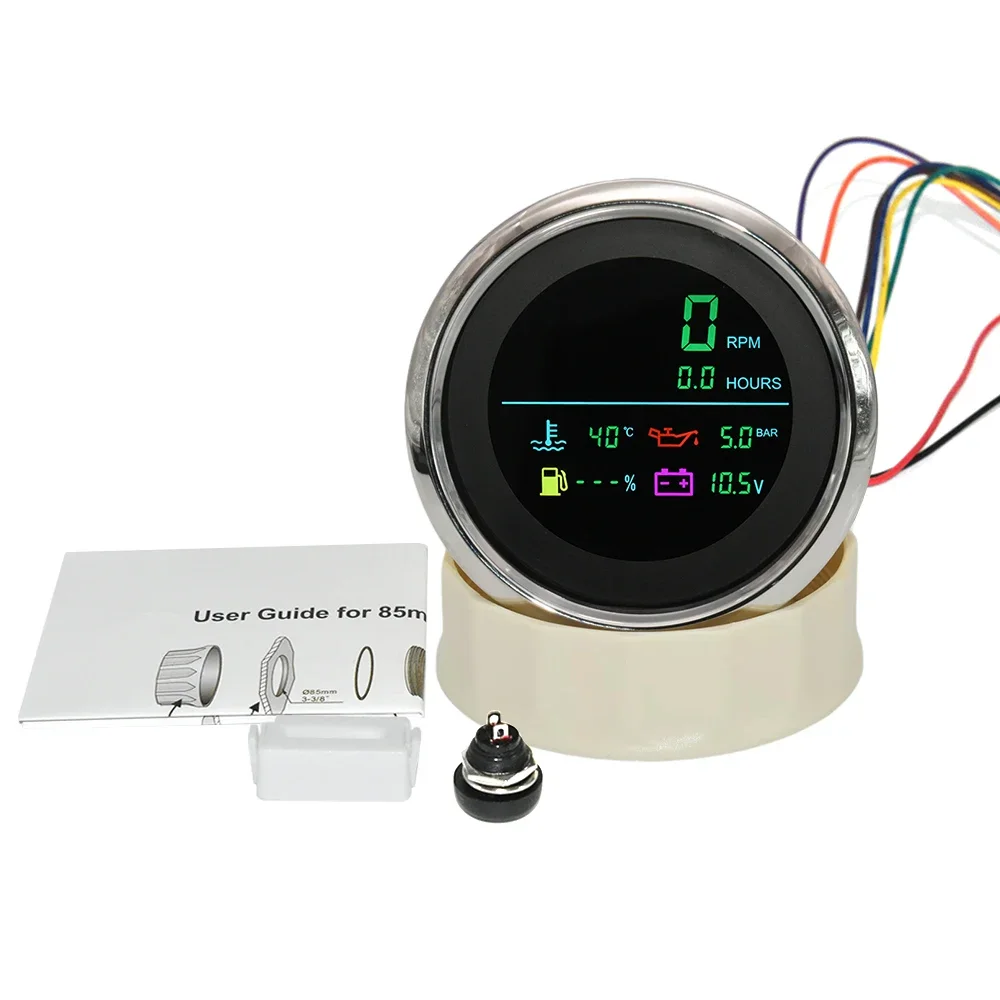 Multi 85MM Gauge 6 In 1 Tachometer + Fuel Level Gauge + Water Temperature Meter + Oil Pressure + Voltmeter for Universal Car Boat 12V24V car and boat gauges