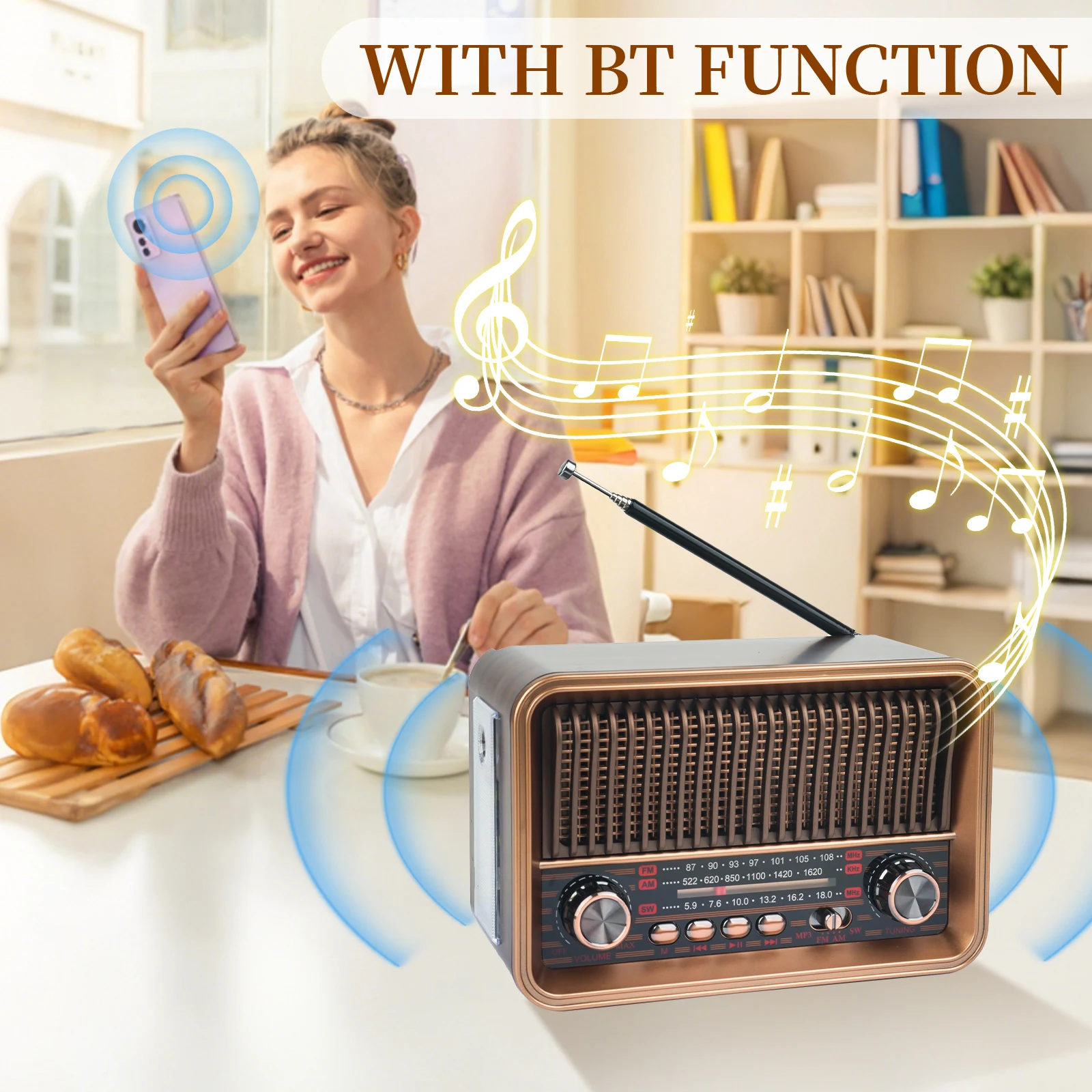 Vintage Wooden Desktop Radio with AM/FM, USB, Rechargeable Battery, and TF Support