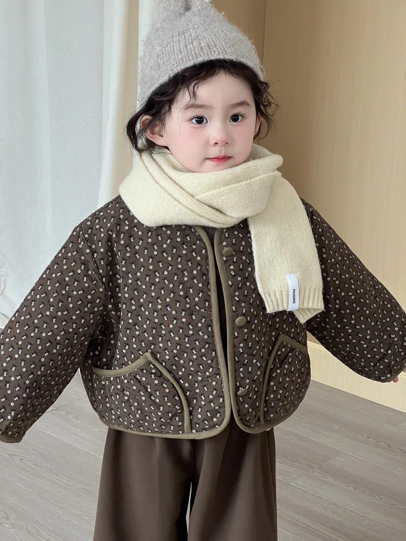 2025 겨울 신상 아동복 한국 스타일 여아 꽃무늬 누빔 면 의류 아동 패션 여아 얇은 면 재킷