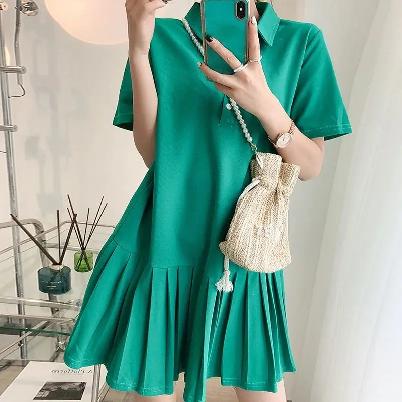 

Extra Large Size 100.00kg Polo Collar Short Sleeve Dress Women's Summer Loose Pleated Skirt