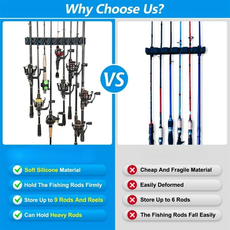 Vertical Wall Mounted Fishing Rod Holder Pole Rack Holds Up to 9 Rods or Combos fishing rod holder fishing rod bracket fishing rod support fishing rod rest