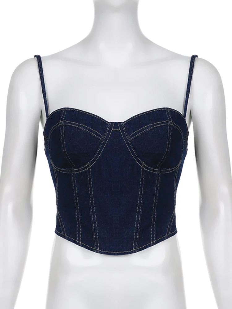 Rapblue mavi Denim korse üst Backless Vintage Lace Up seksi Mini