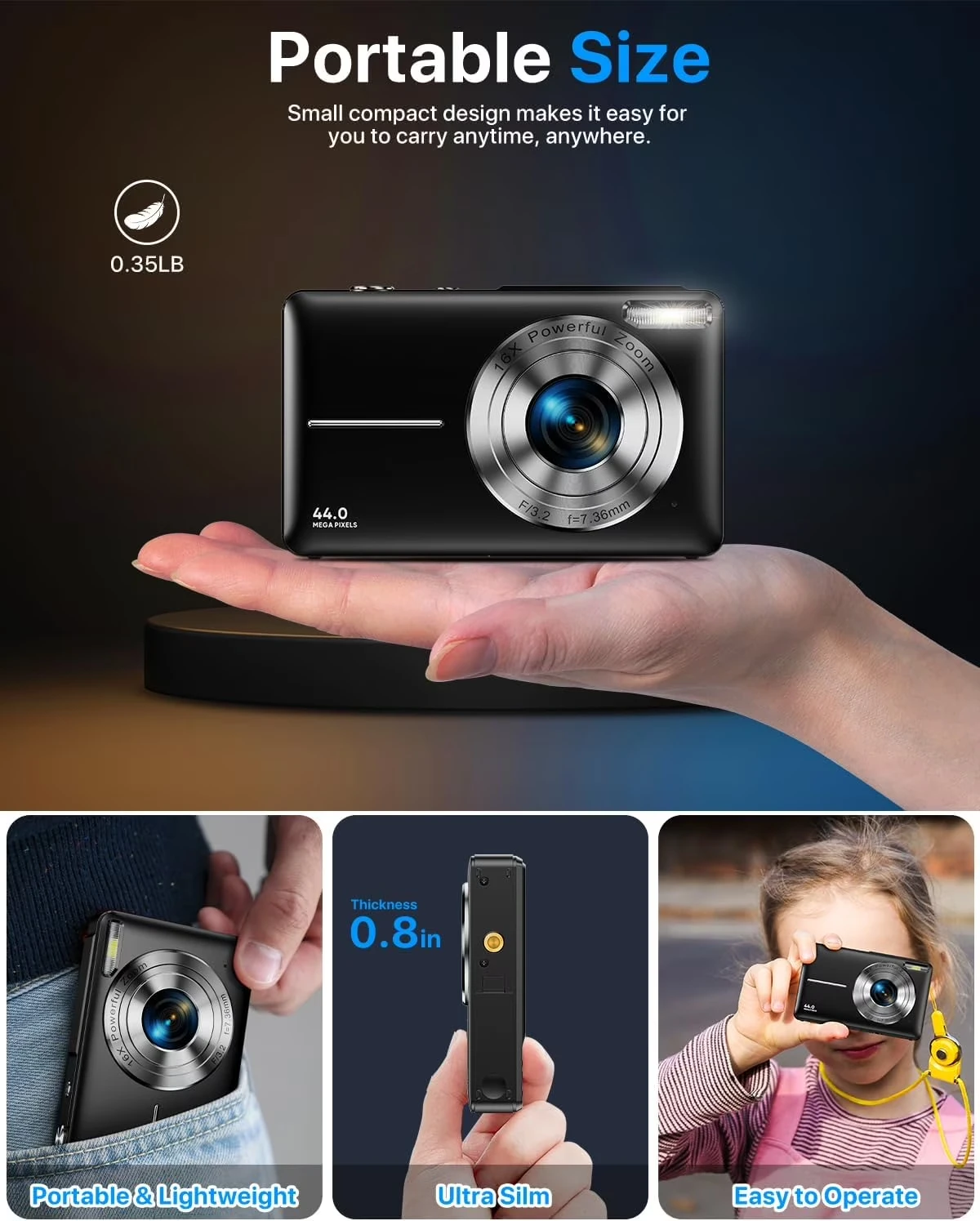 Digital Camera FHD 1080P Digital Camera for Kids Video Camera with 32GB Card 16X Digital Zoom Compact Point and Shoot Camera - 6