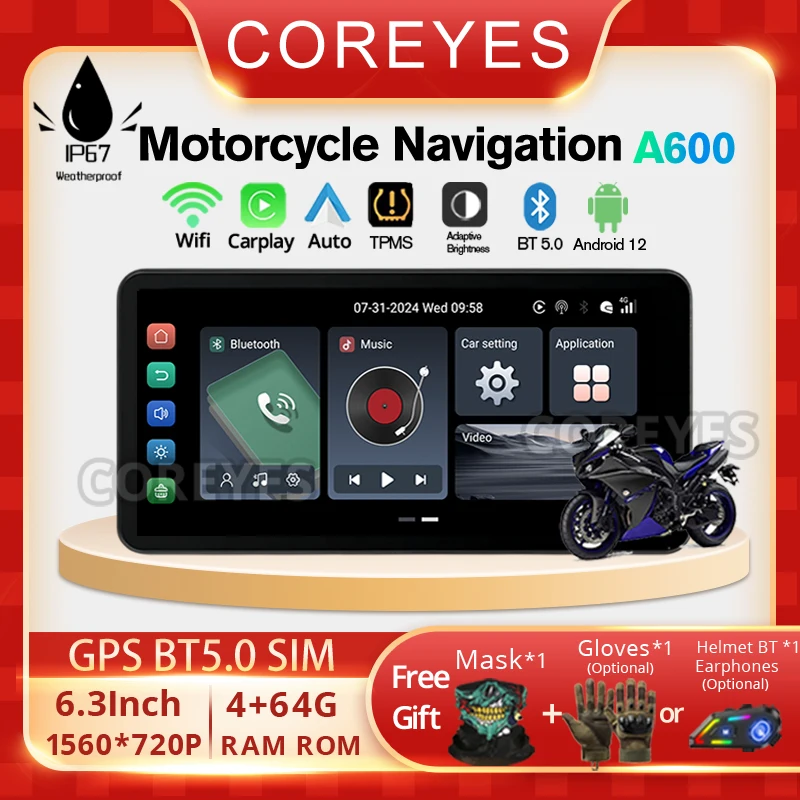 COREYES A600 6.3 inch Portable Motorcycle LCD Display GPS Dustproof IPX7 Waterproof For Wireless Apple CarPlay Android Auto GPS