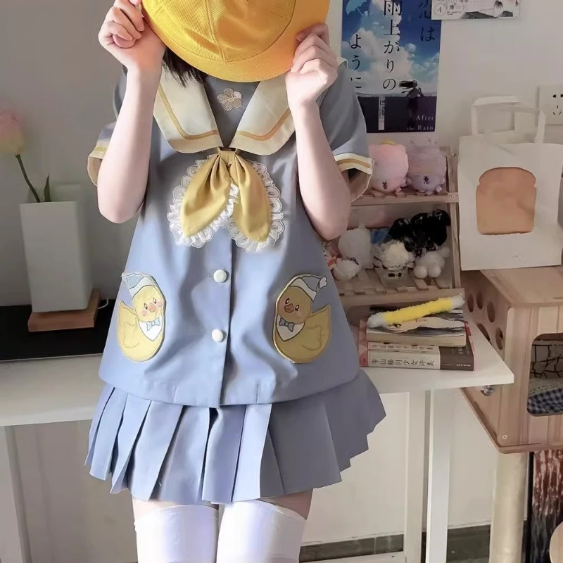 New Cartoon Lolita Japanese Cute Sweet Sailor Suit Academy Style Short Sleeved Top Skirt Set Spring Summer JK Blue Bow Uniform