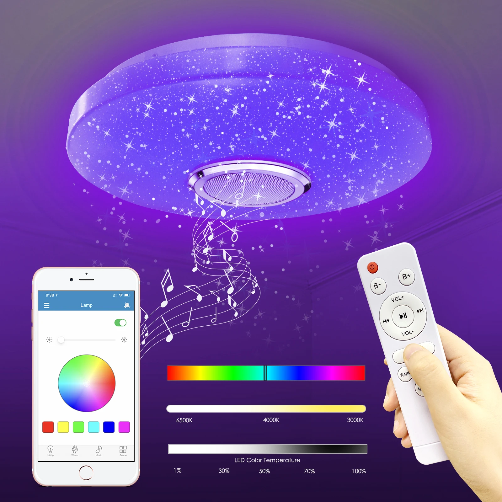 Plafonnier LED rond avec télécommande intelligente, lumière d’ambiance, lumière à intensité réglable, avec minuterie, i