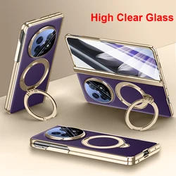 Luxury Leather Folding Case with Magnetic Rotating Ring Holder & Privacy Glass for OPPO Find N5 (DH Glass - Purple)