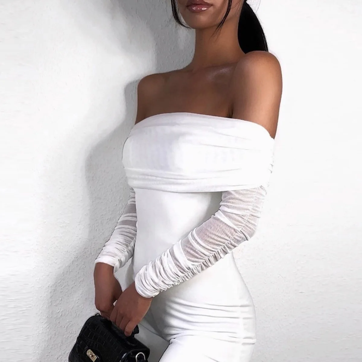 

Women's Long Sleeve Dress Sexy One-Shoulder Tight Skirt Perspective Mesh Splicing Hip Skirt
