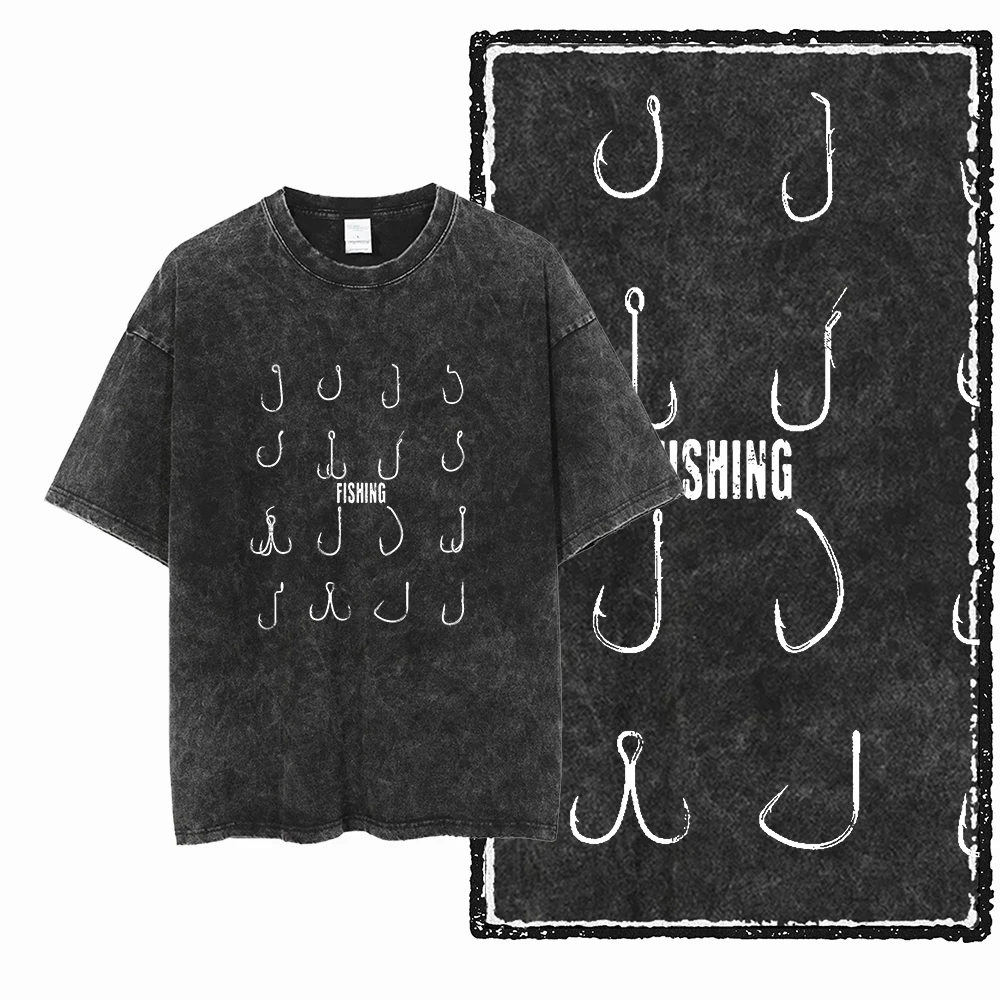 YB FISHING THEME Acid Washed Graphic Unisex Cotton T-Shirt - Cool Streetwear, Big Size