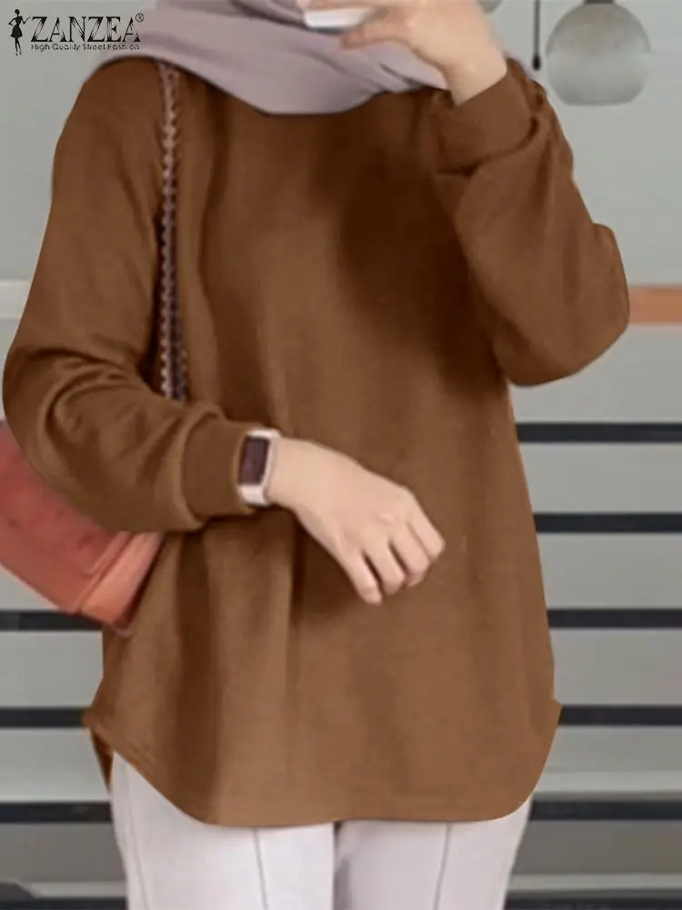 

Блузка ZANZEA Женская с длинным рукавом, рубашка с круглым вырезом, модный хиджаб в мусульманском стиле, повседневный Свободный пуловер, одежда оверсайз