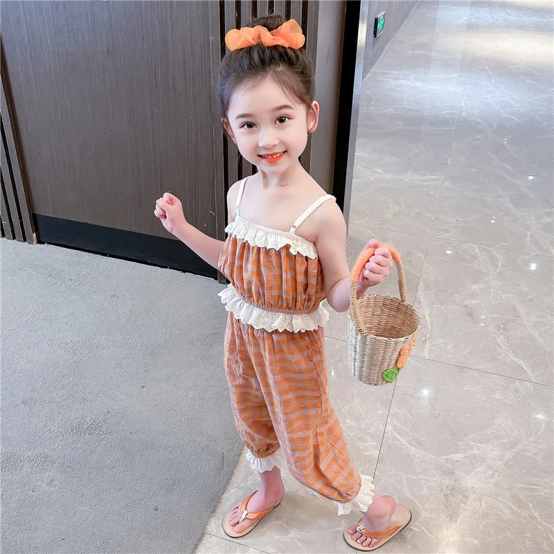 

Baby Girls Summer Clothing Sets Children Plaid Tops Pants 2 Pcs Beach Vacation Princess Costumes Kids Clothes Outfits 2-8 Years