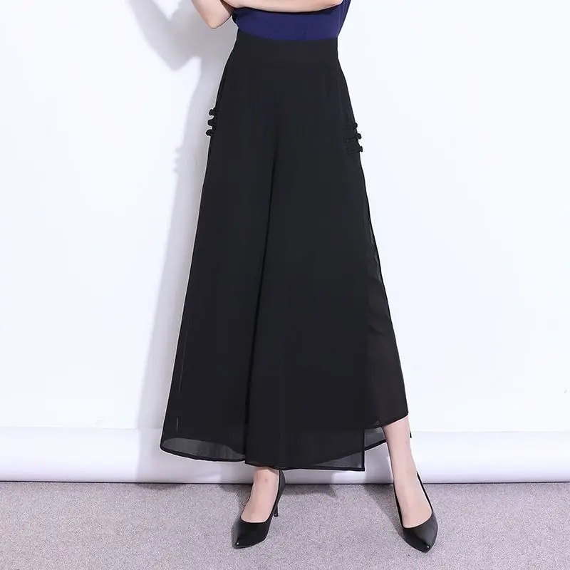 Split Wide Leg Women's Chinese Style Summer 2024 New Patchwork Elasticized Buckle Fashion Solid Color Loose Chiffon Casual Pants