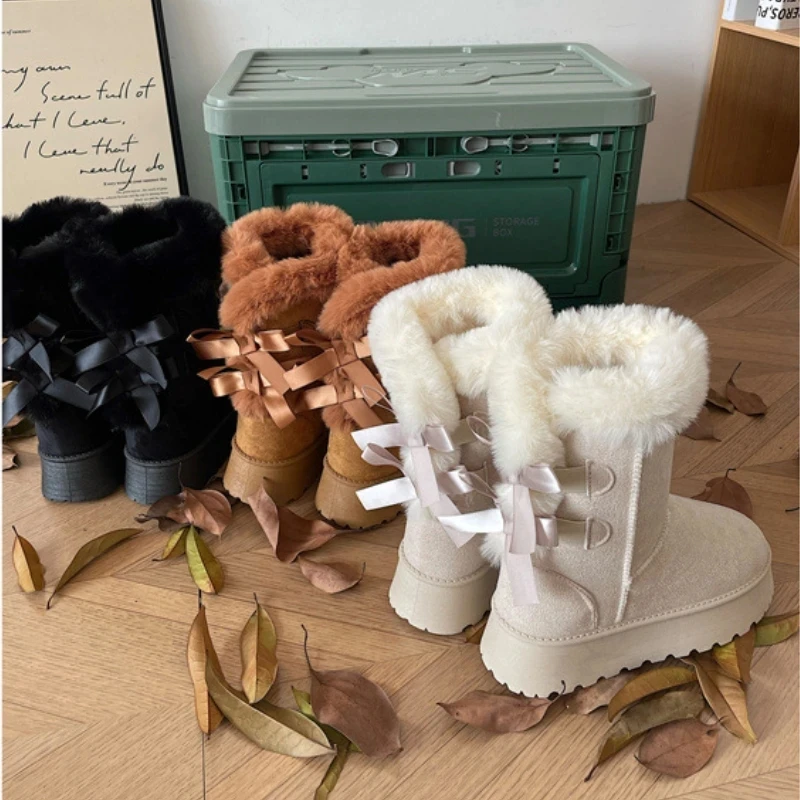 

Short Plush Warm Ankle Snow Boots Women Casual Platform Chunky Shoes Ladies Elegant Back Lace Up Mid Calf Botas Botines De Mujer