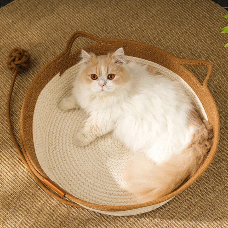 

Pet Cat Litter Round Hand Woven Rattan Cat Puppy Nest Summer Cooling Pad Kitten Scratching Basket Cotton Rope Washable Warm Bed