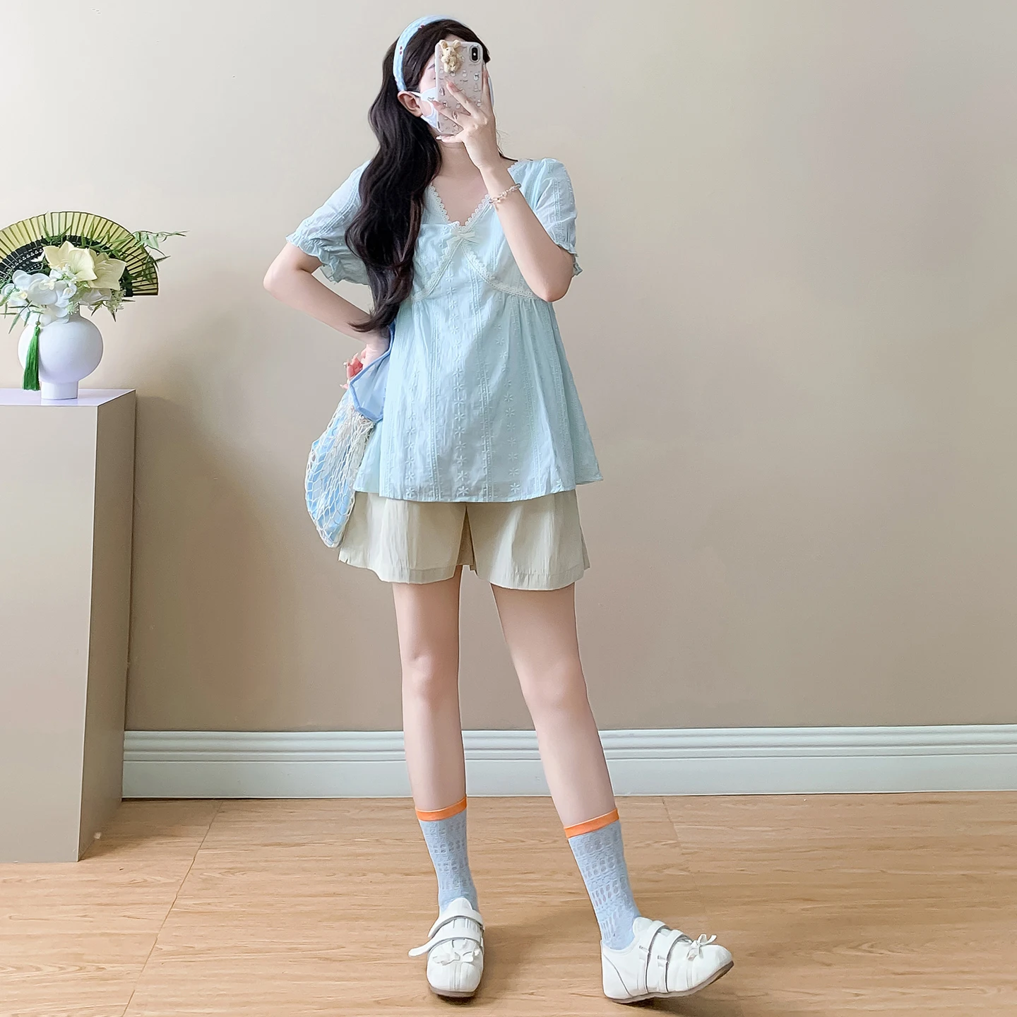2026 여름 임산부 셔츠 반팔 V넥 하이웨이스트 레이스 패치워크 임산부 블라우스 스윗 플러스 사이즈 임부복 상의