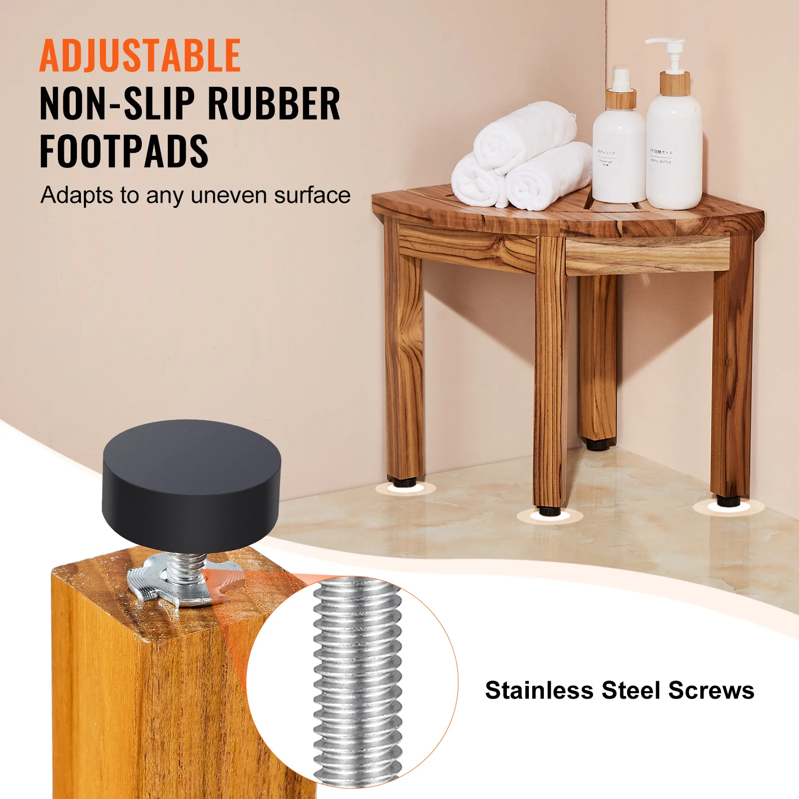 VEVOR Corner Teak Shower Bench 100% Teak Wood Corner Shower Beach with Storage Shelf Stool for Inside & Outside