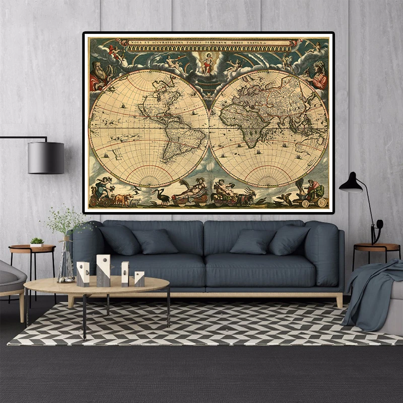 Vintage World Map with Medieval Latin Portuguese Decor Wall Art Poster 150*100cm Living Room Home Decoration School Supplies