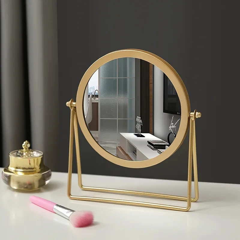 Makeup Mirror Light luxury retro European metal gold home desktop desktop square round mirror mirror dormitory makeup