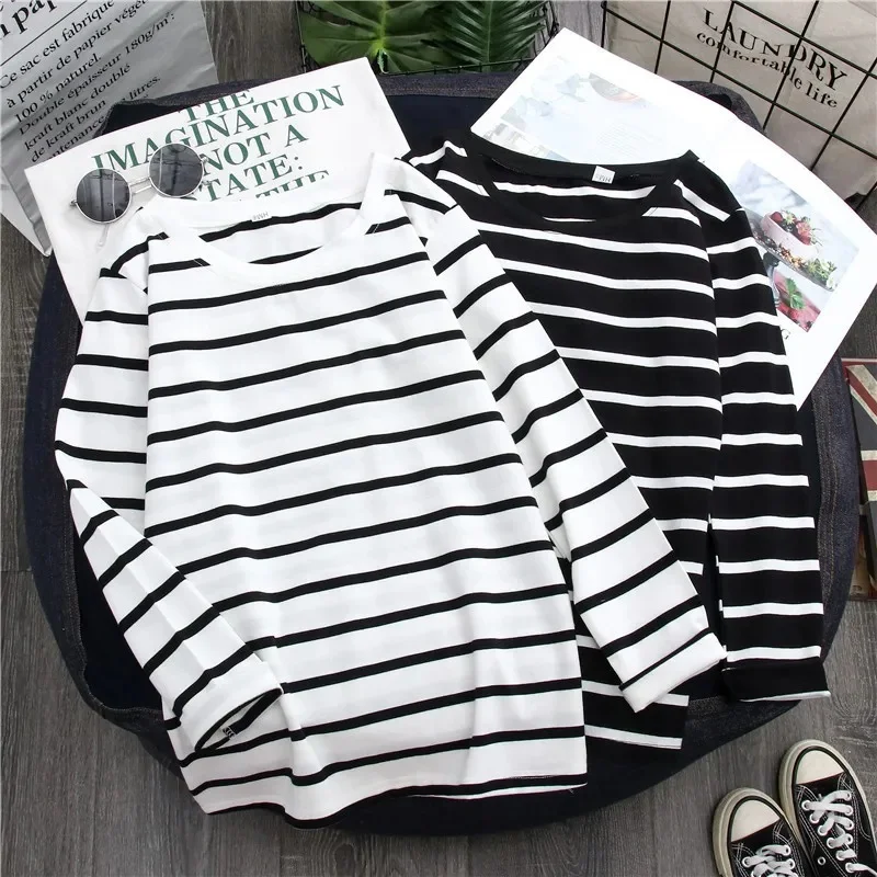 1 pieza primavera y otoño invierno Top a rayas negras con estilo extranjero Ins camisa inferior mujer Camiseta de manga larga